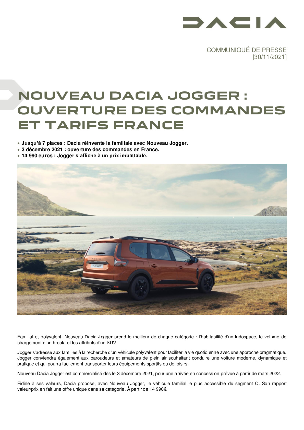 Prix Dacia Jogger (2022). Le break baroudeur à partir de 14 990 €